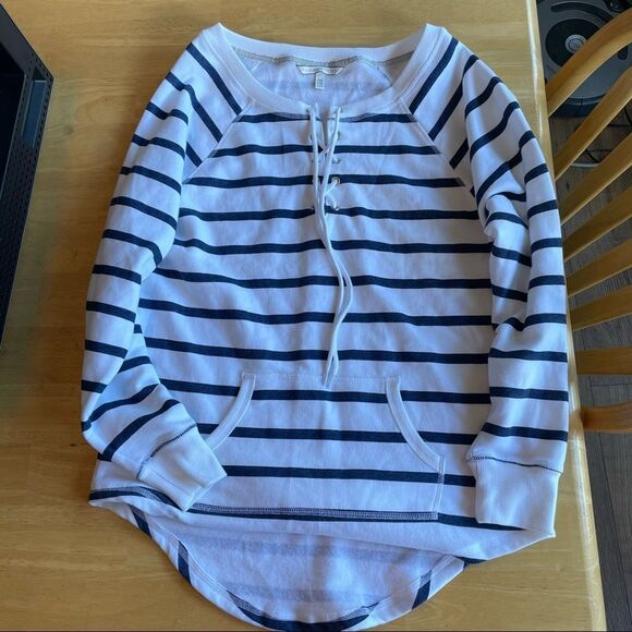 Women Victoria’s Secret oversized Blue white stripe pullover sweatshirt size XS - Picture 3 of 4